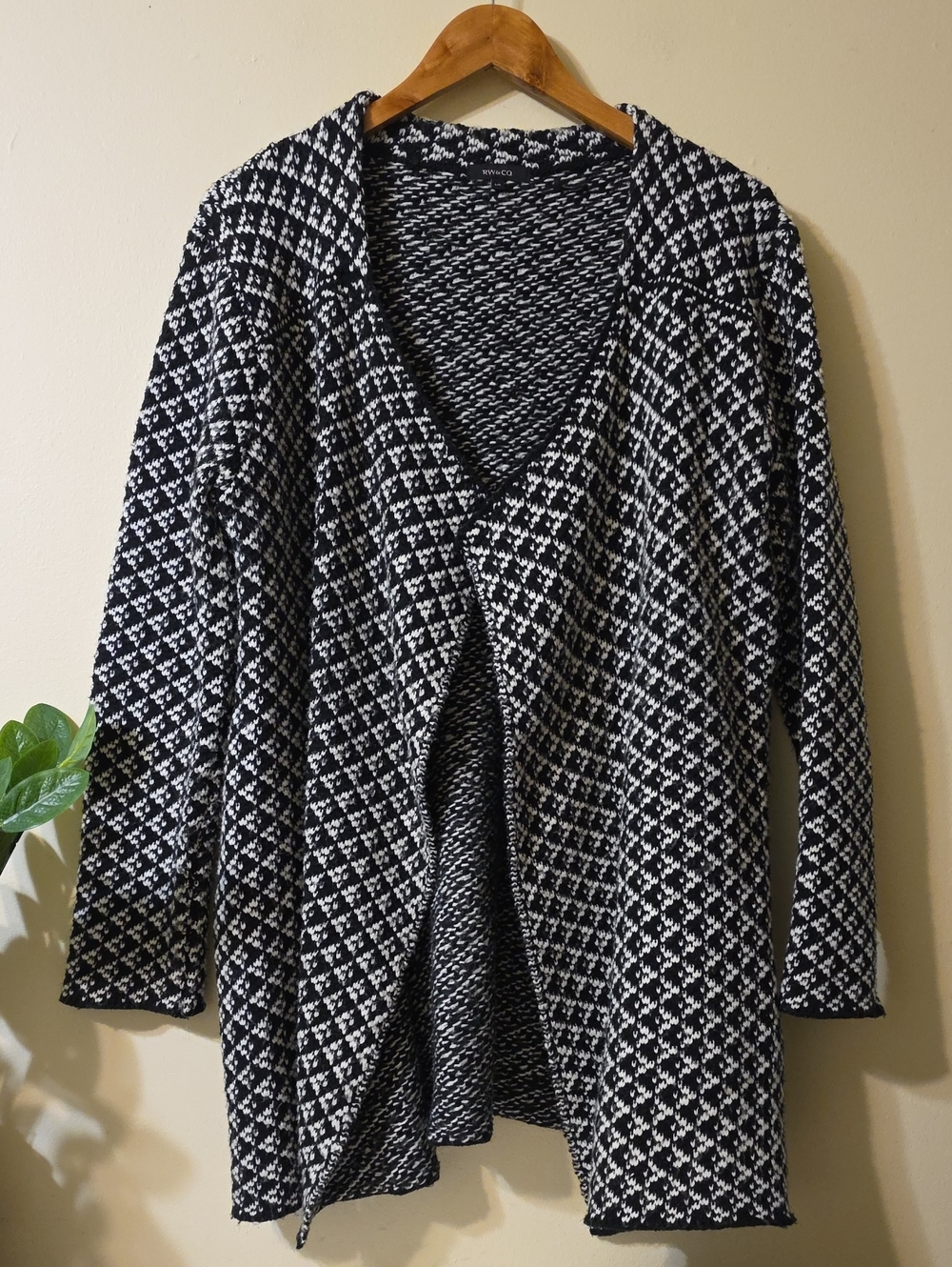 RW&CO Wool Blend Open Front Knit Cardigan - Printed B/W - L